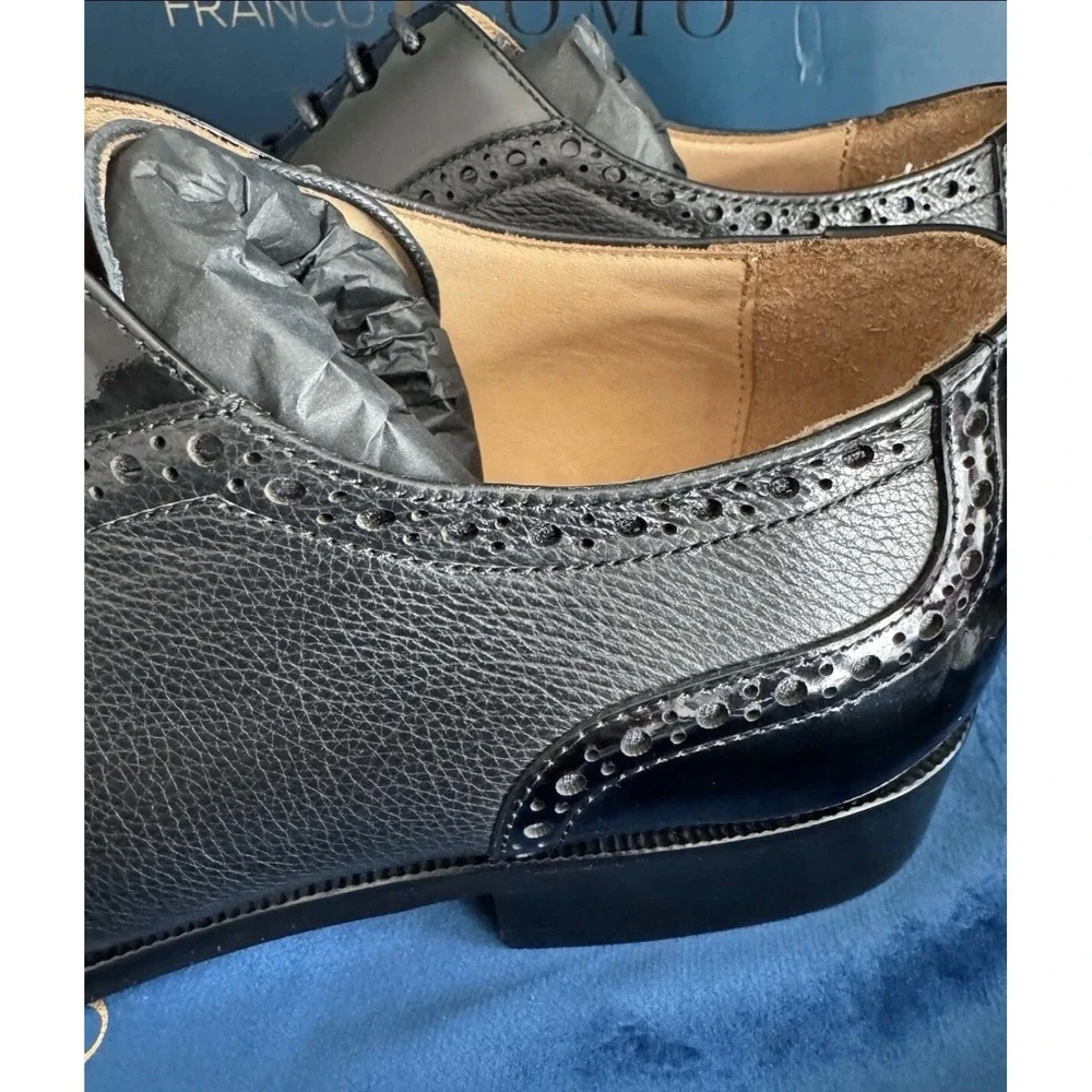 Franco Uomo Mens Ike Black Patent Pebbled Leather Brogue Oxfords 9 dress shoes